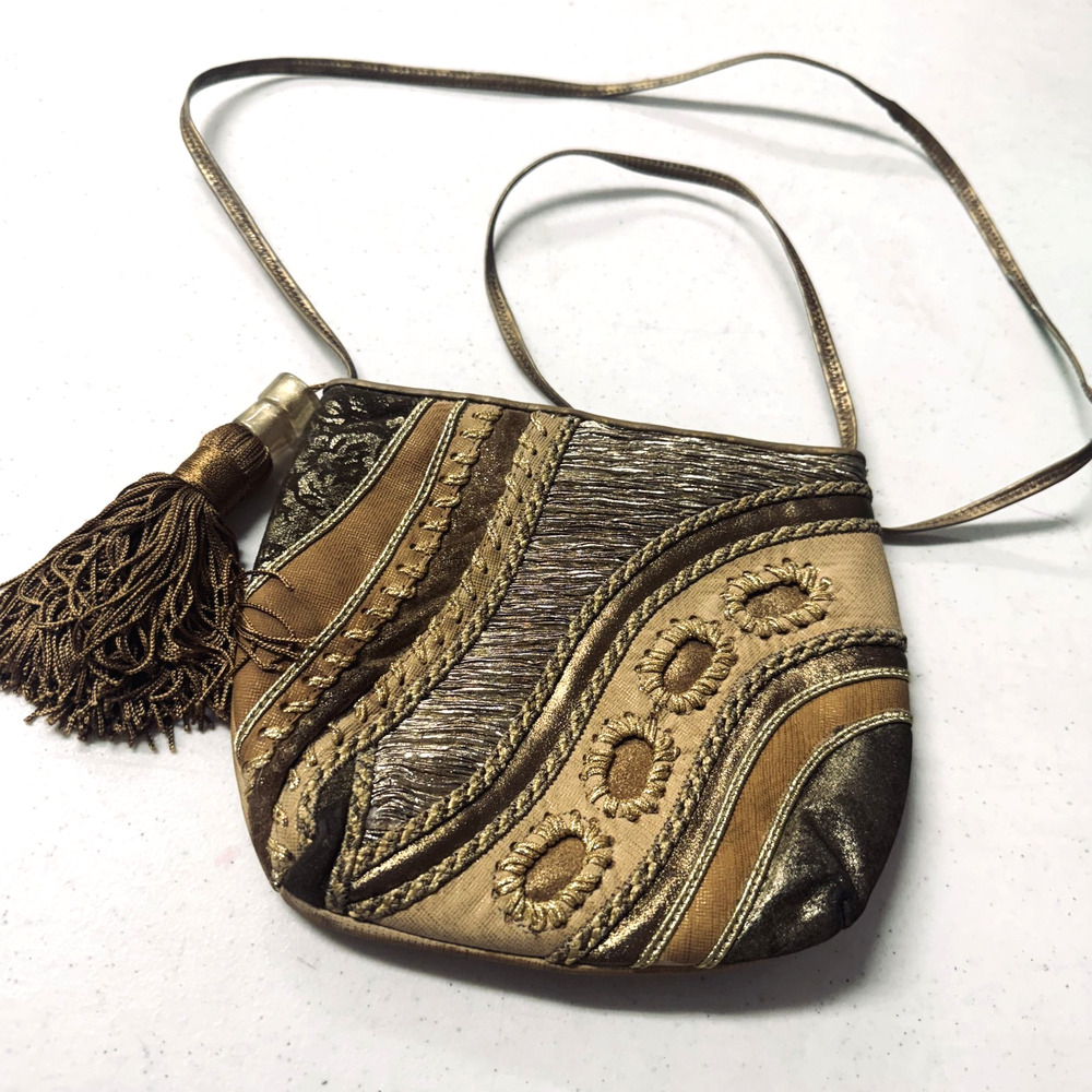 Vtg SHARIF Metallic Gold Mixed Leather Patchwork Zip Crossbody Bag Purse Boho
